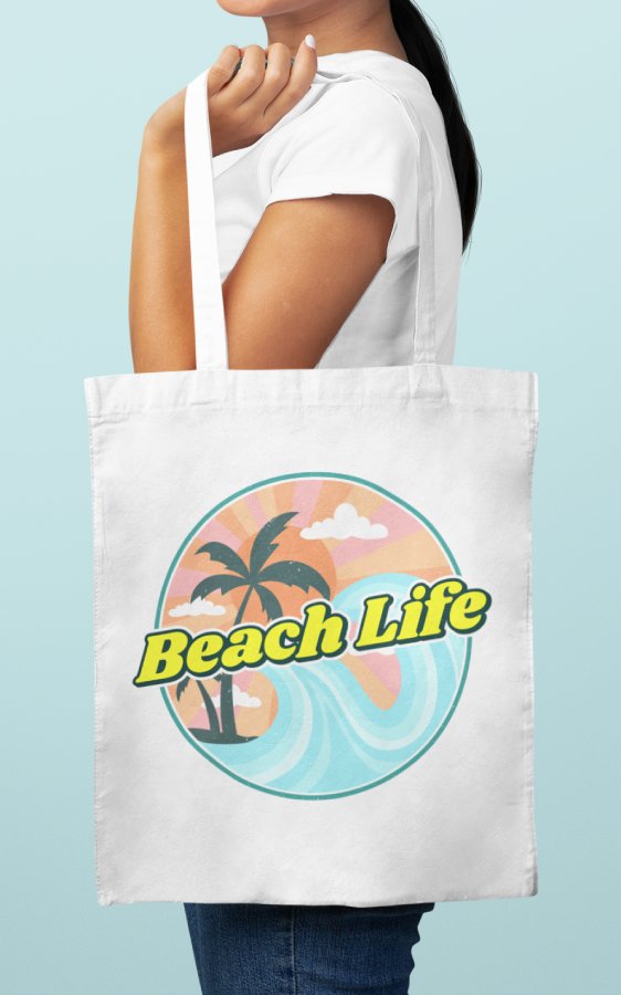 beach life tote bag with beach scene and text