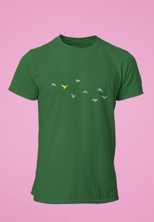 flying birds printed on a green tshirt.
