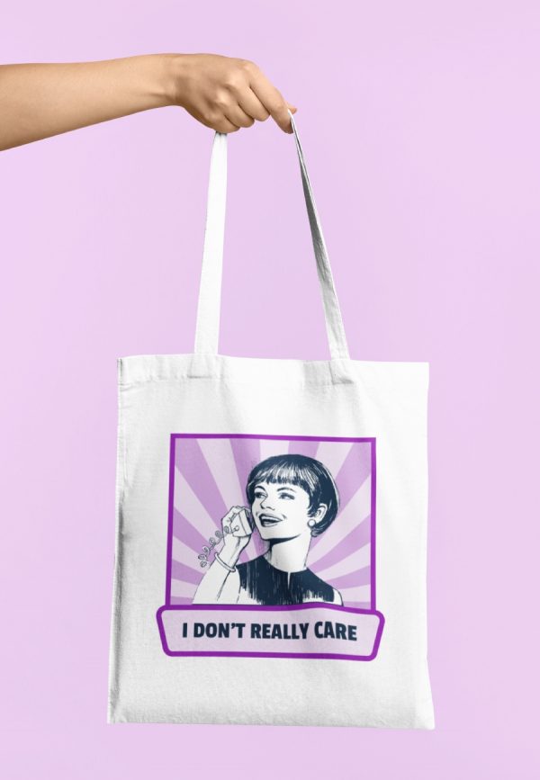 I don't really care tote with woman on the phone image