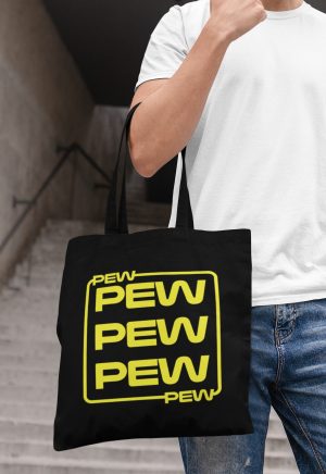 pew pew tote bag with text design
