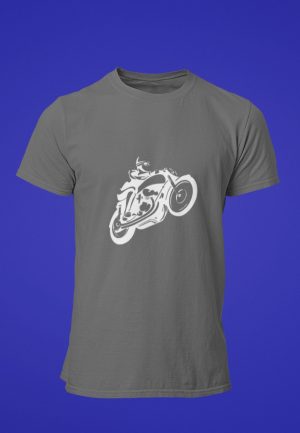 Biker T-Shirt white image on a grey shirt.