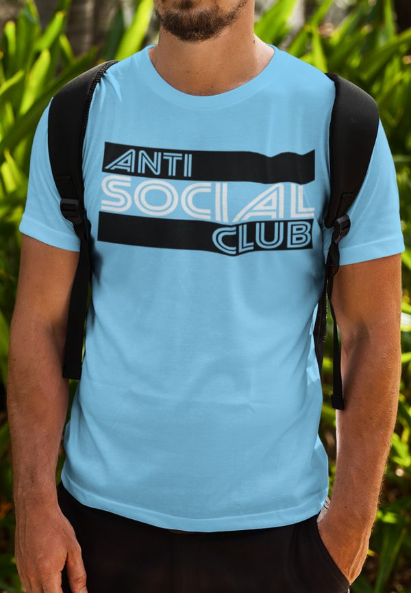 Anti Social club text design on a blue shirt