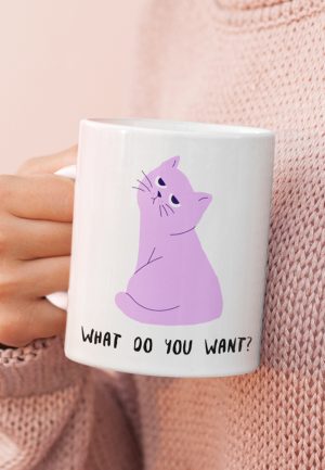 What do you want text on a mug with cat image