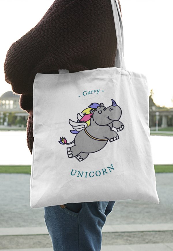 Curvy unicorn tote bag with cartoon rhino image
