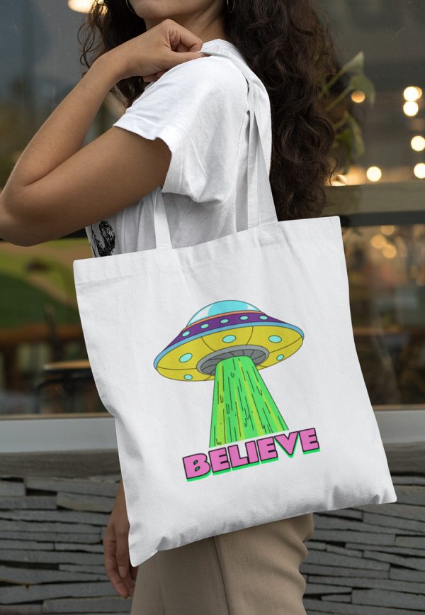 believe bag with alien spaceship image