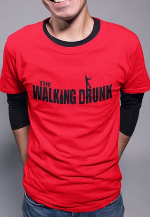 walking drunk t-shirt design. man wearing red shirt.