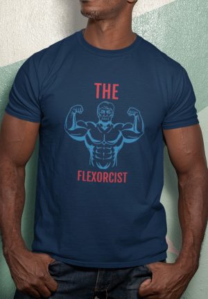 flexorcist design printed on a blue tshirt.