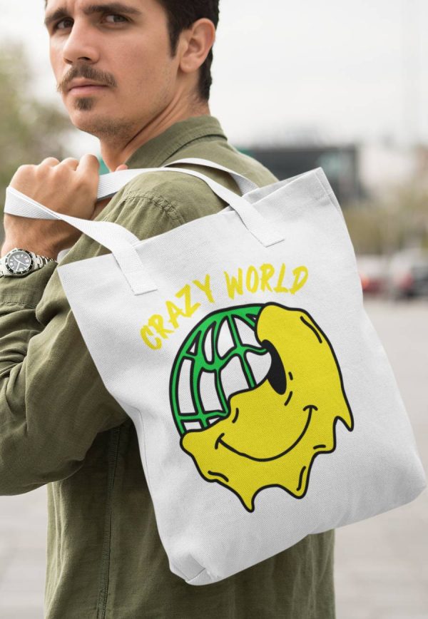 Crazy world tote bag with melting face emoji image