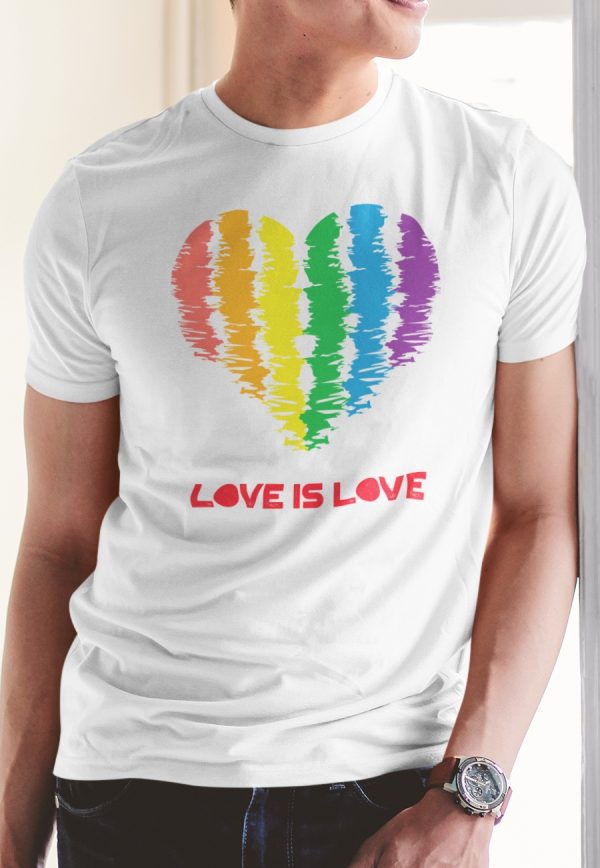 Love is Love T-shirt with rainbow heart image