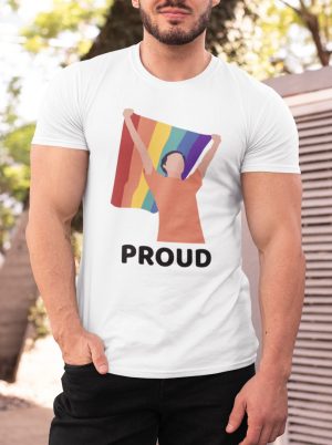 Proud t-shirt with man holding rainbow flag image