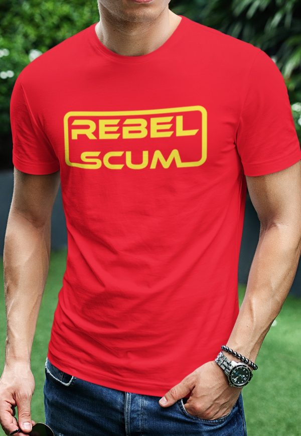 Man Wearing a red tshirt with rebel scum written in text.
