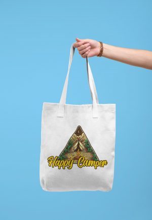 Happy camper tote bag with campfire image