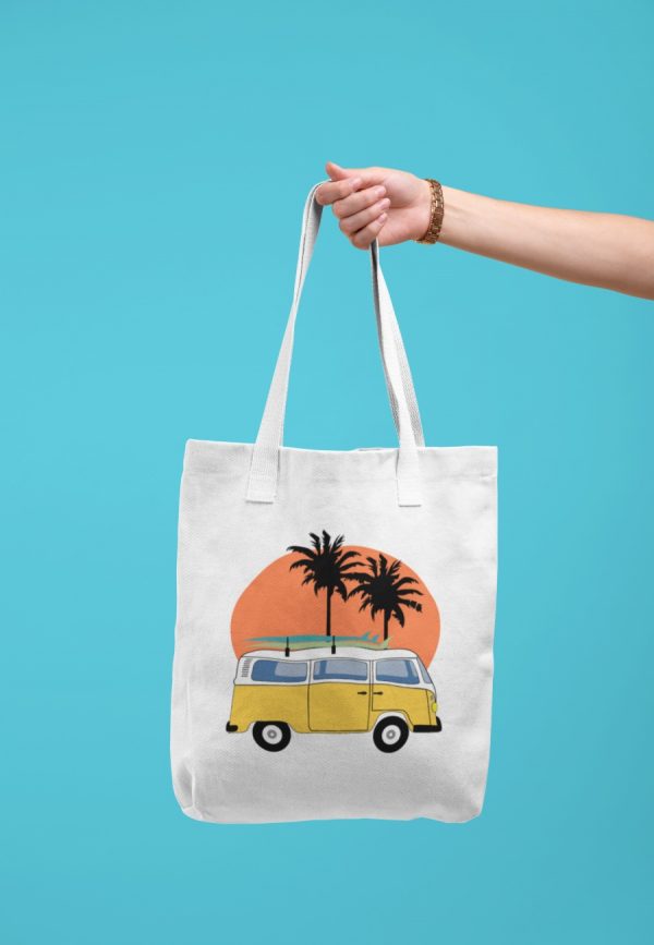Sunset Beach Van Tote image with van, palm trees and sun.