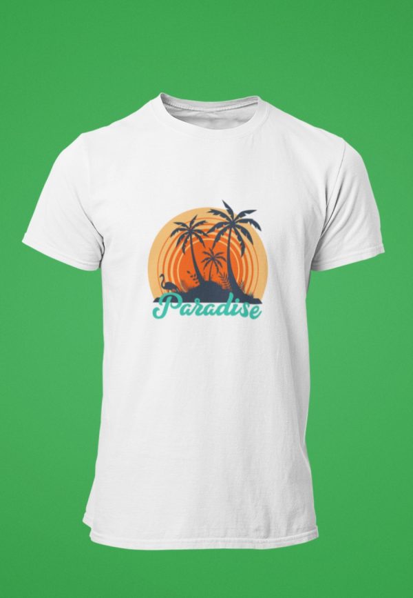 Paradise text below a palm tree beach scene.