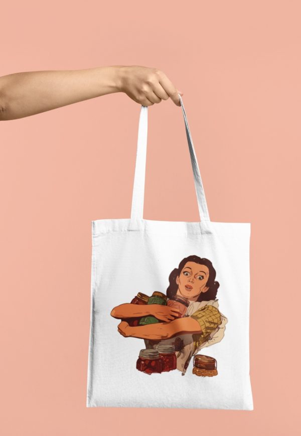 busy lady tote bag with a vintage image of a woman carrying jars
