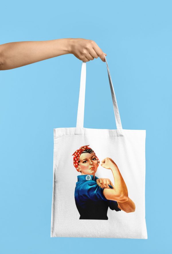 strong woman tote bag with a vintage image of a woman flexing