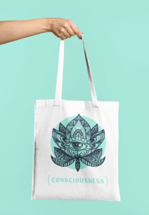 Consciousness tote bag with text and eye design