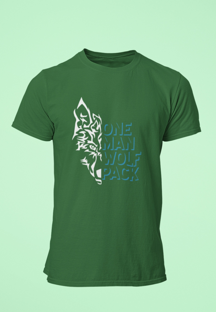 One man wolf pack T-Shirt with wolf design on a green shirt