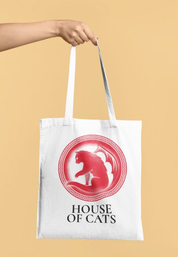 house of cats tote bag with text and cat image.