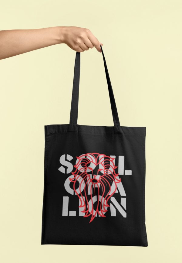 Soul of a lion tote bag with text and lion image
