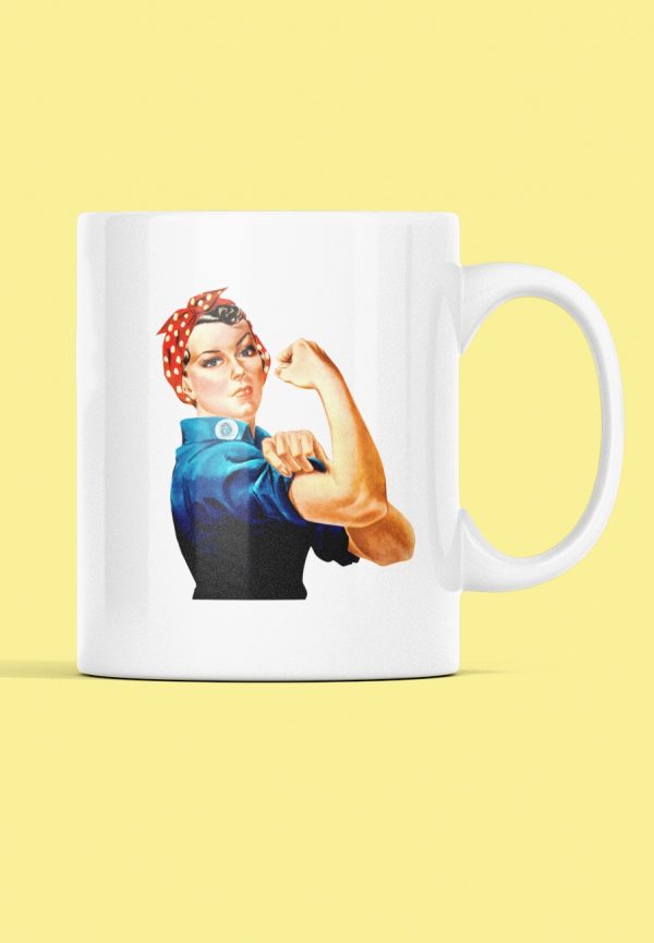 Woman flexing design on a mug