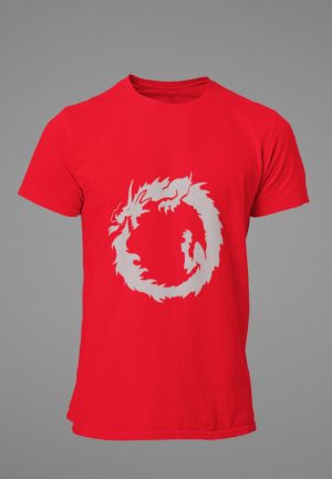 Silver dragon image printed on a red tshirt.