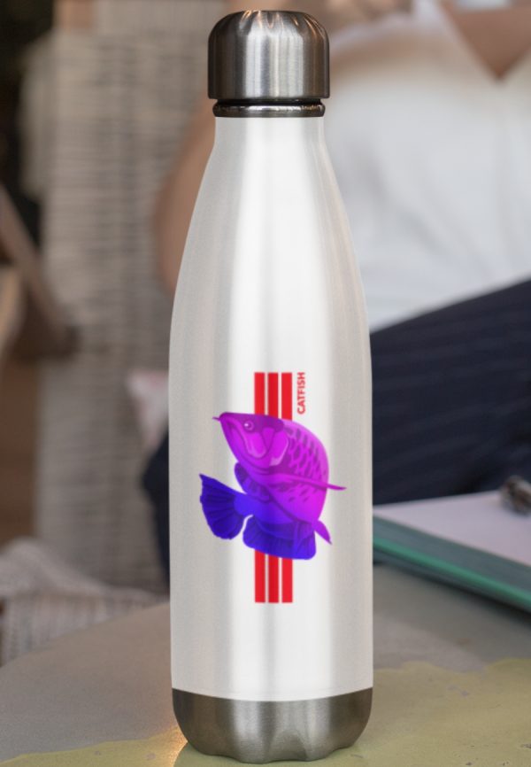 Water bottle with catfish design printed.