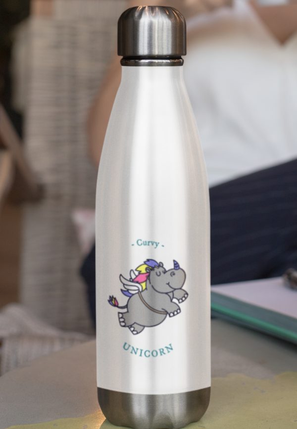 Water bottle with a curvy unicorn design.