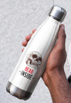 Water bottle with skull image and text reading "dead inside"