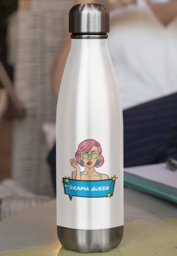 Drama queen design printed on a water bottle.