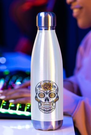 water bottle with floral skull design printed.