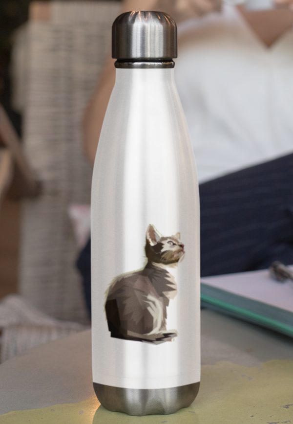 Water bottle with a grey kitten geometric design.