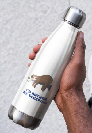 Water bottle with a lazy sloth image and text reading "Id rather be sleeping"