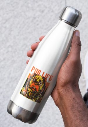 Water bottle with pug life design printed.