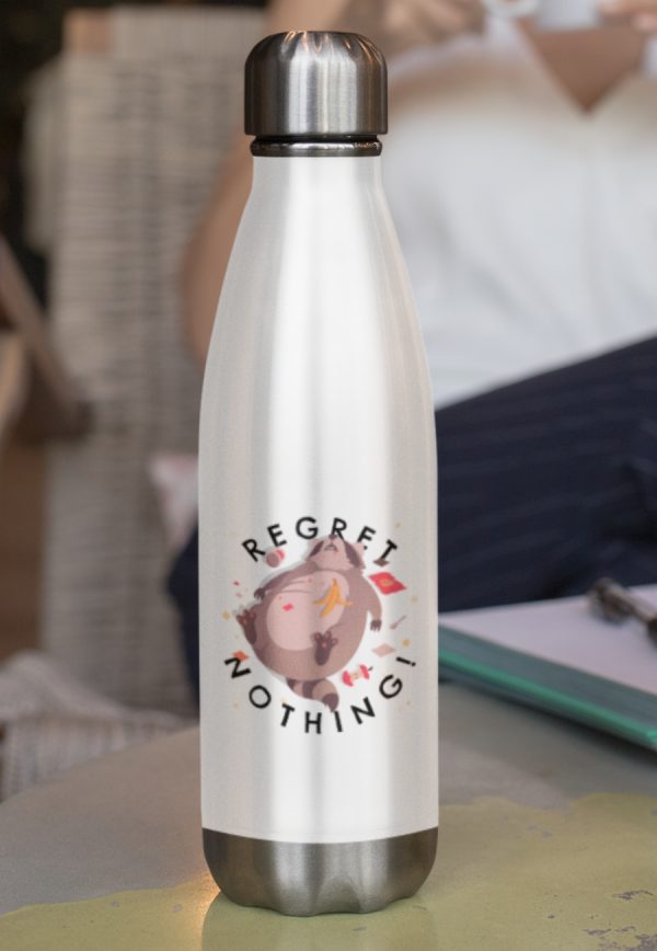 Regret nothing design printed on a water bottle.