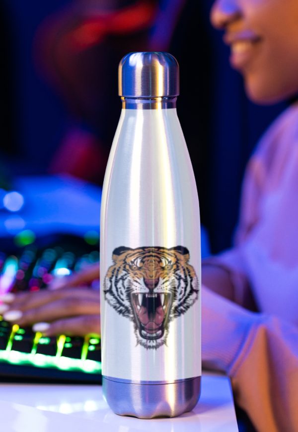 water bottle featuring a tiger roar design.