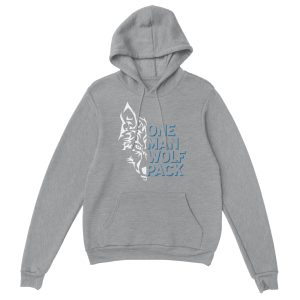 Hoodie with text saying "One man wolf pack" and wolf image.