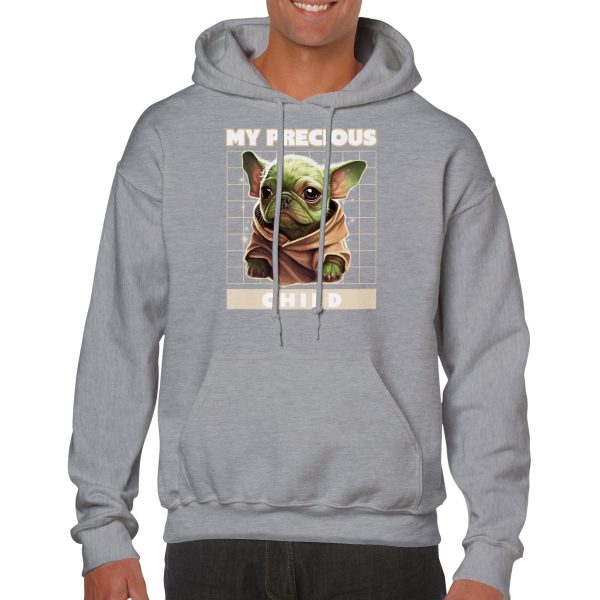 Hoodie with text saying "precious child" and a green pug image