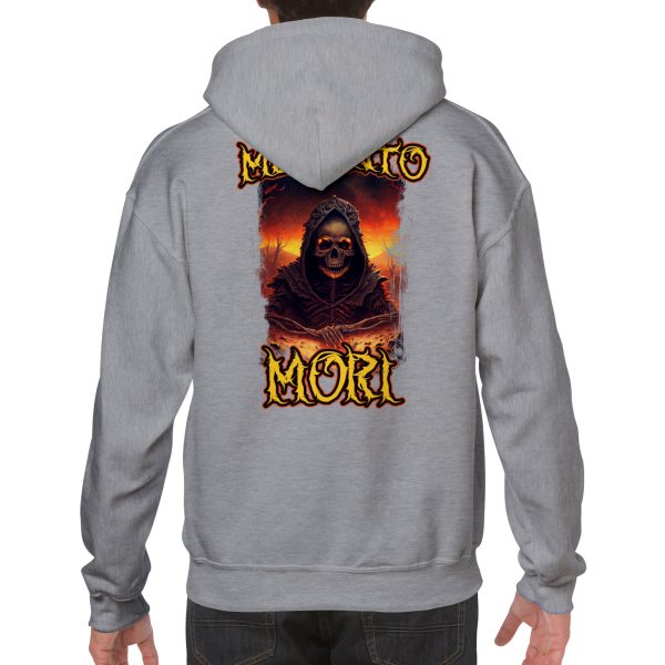 Hoodie with "memento mori" written in text. featuring a skull,