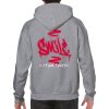 Hoodie with text in a graffiti style saying "Smile it wont hurt"