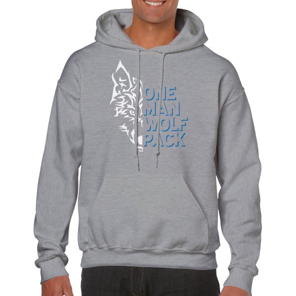 Hoodie with text saying "One man wolf pack" and wolf image.