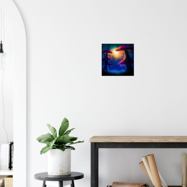 Canvas hanging on a wall featuring cosmic mushroom design.