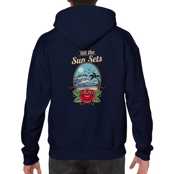hoodie with ocean image and text reading "till the sun sets"