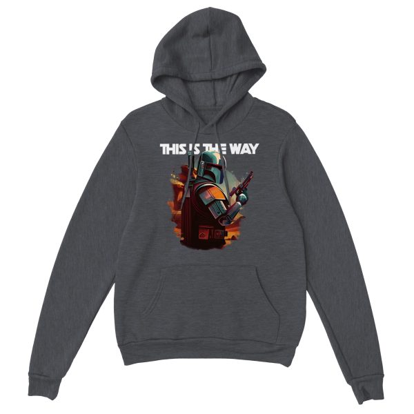 Hoodie with text reading "this is the way" and a sci fi bounty hunter image.