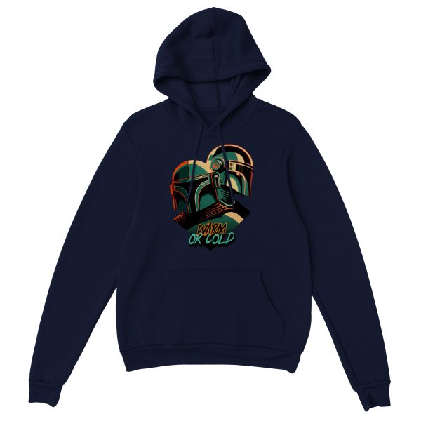 vHoodie with text reading "warm or cold" featuring sci fi bounty hunter image.