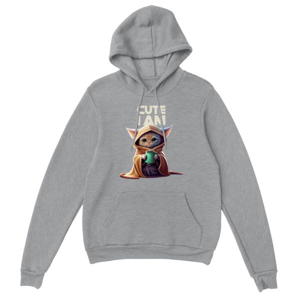 Hoodie with a cute kitten in a hood with text saying "cute i am"