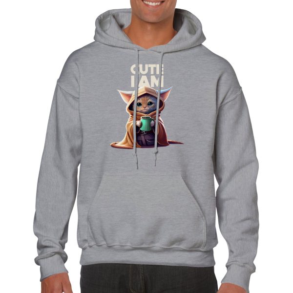 Hoodie with a cute kitten in a hood with text saying "cute i am"